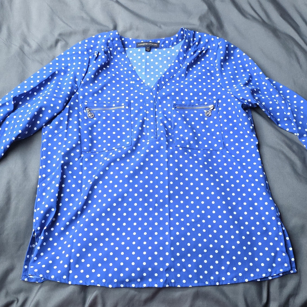 Adrienne Vittadini Blue and White Polka Dot Blouse